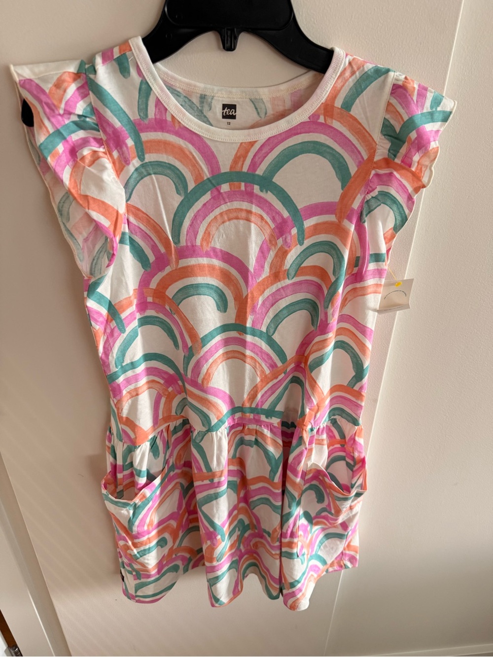 Tea Collection White Dress with Pink, Teal & Orange Rainbows size 12